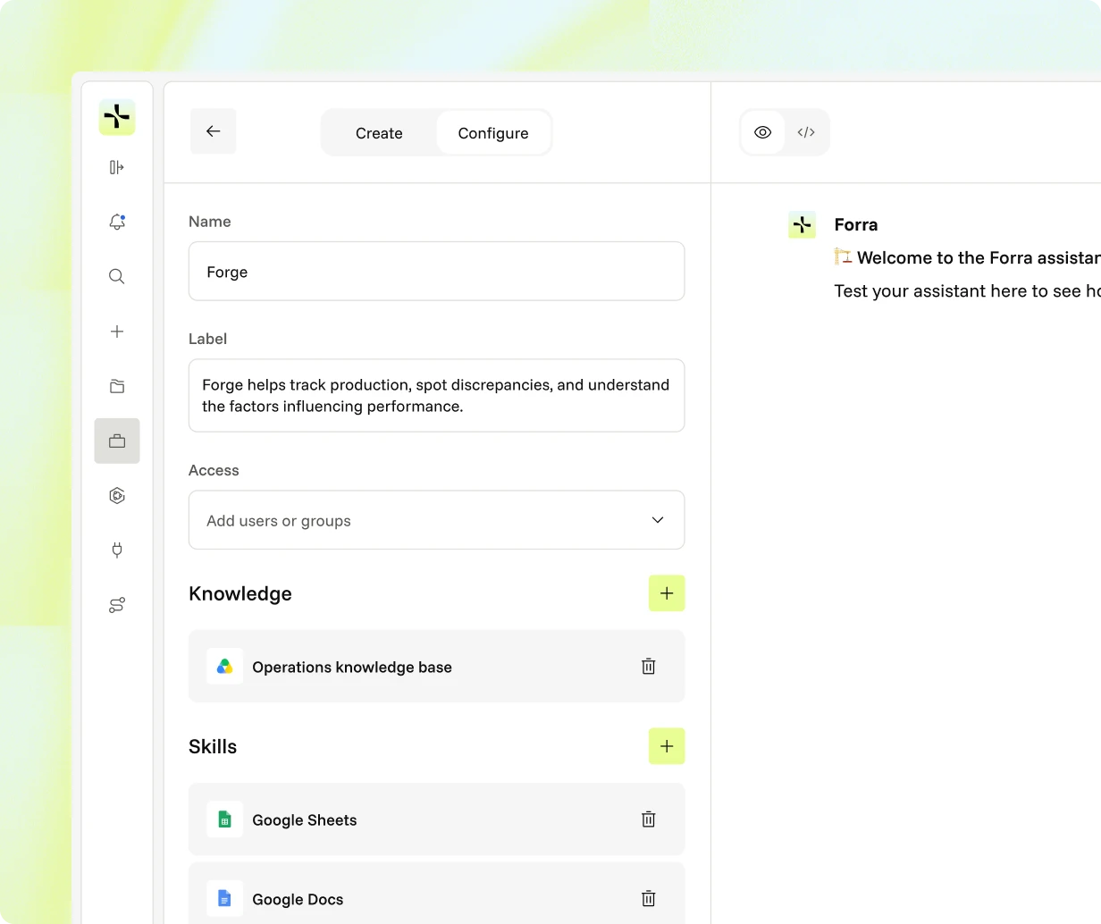Forra assistant builder configuration screen
